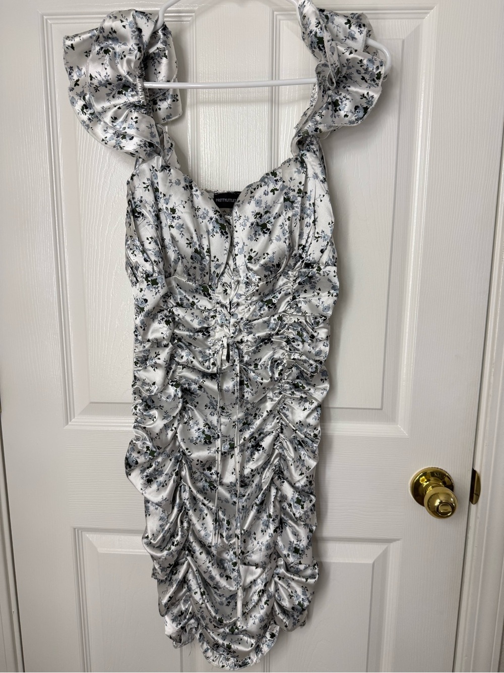 PrettyLittleThing White Satin Floral Ruched Mini Dress